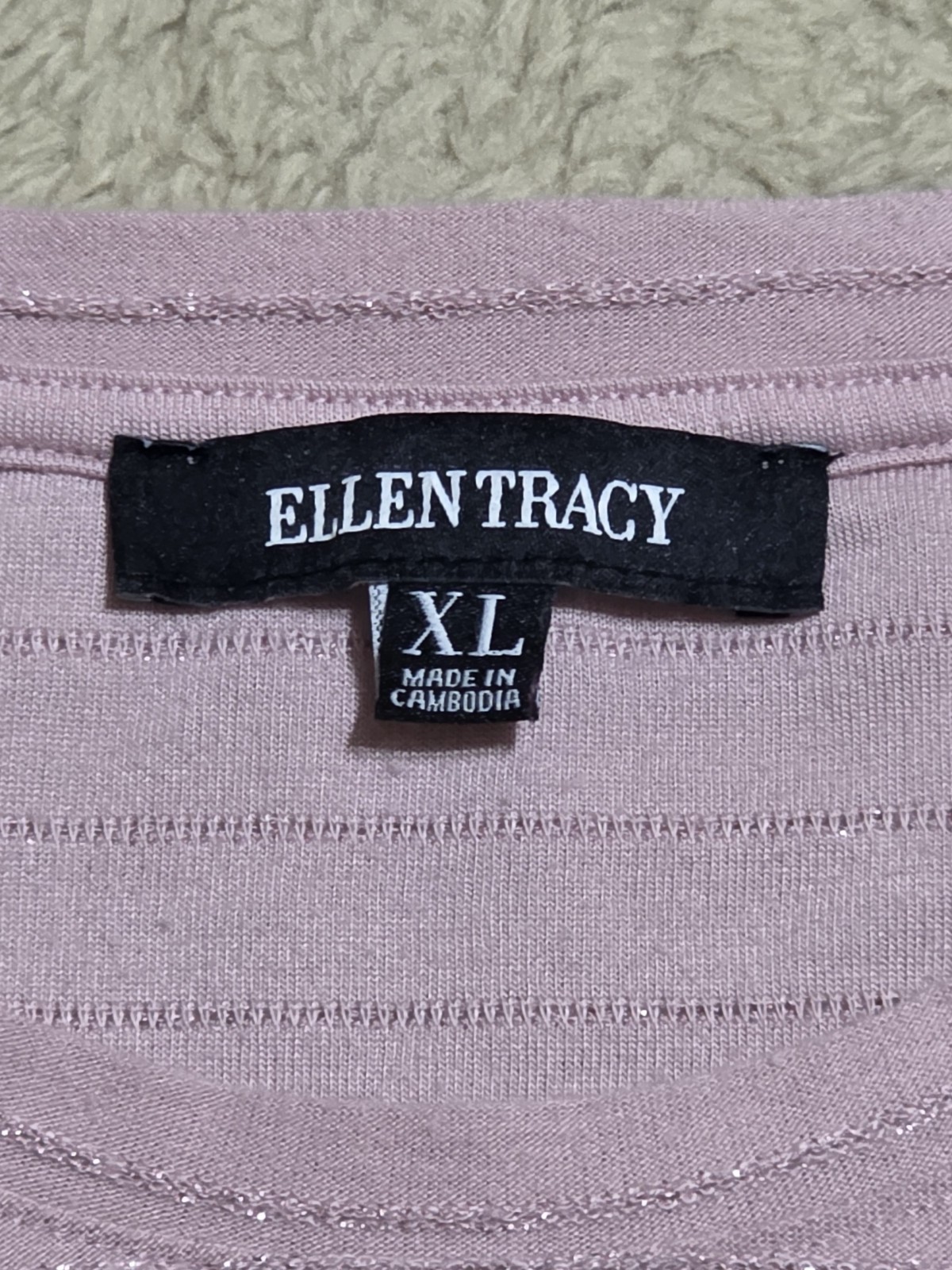 Ellen Tracy Women’s Pink Striped Metallic Short Sleeve T-Shirt Size XL