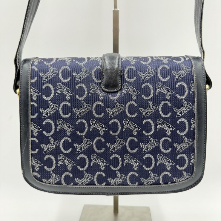 CELINE Sulky C Macadam Vintage Shoulder Bag Navy Canvas and Leather Gold-ton…
