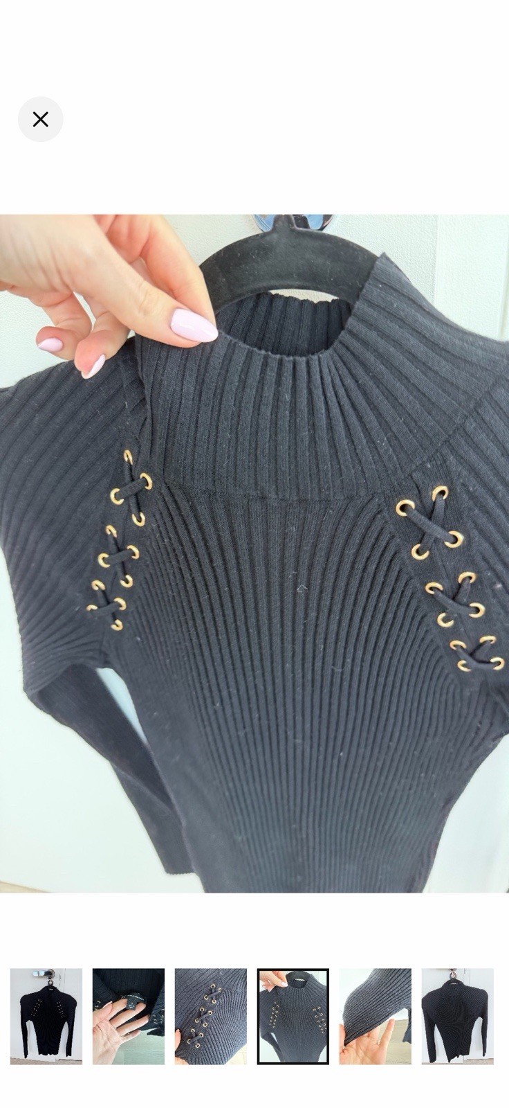INC International Concepts Black Rib-Knit Mock Neck Lace-Up Stretch Sweater S