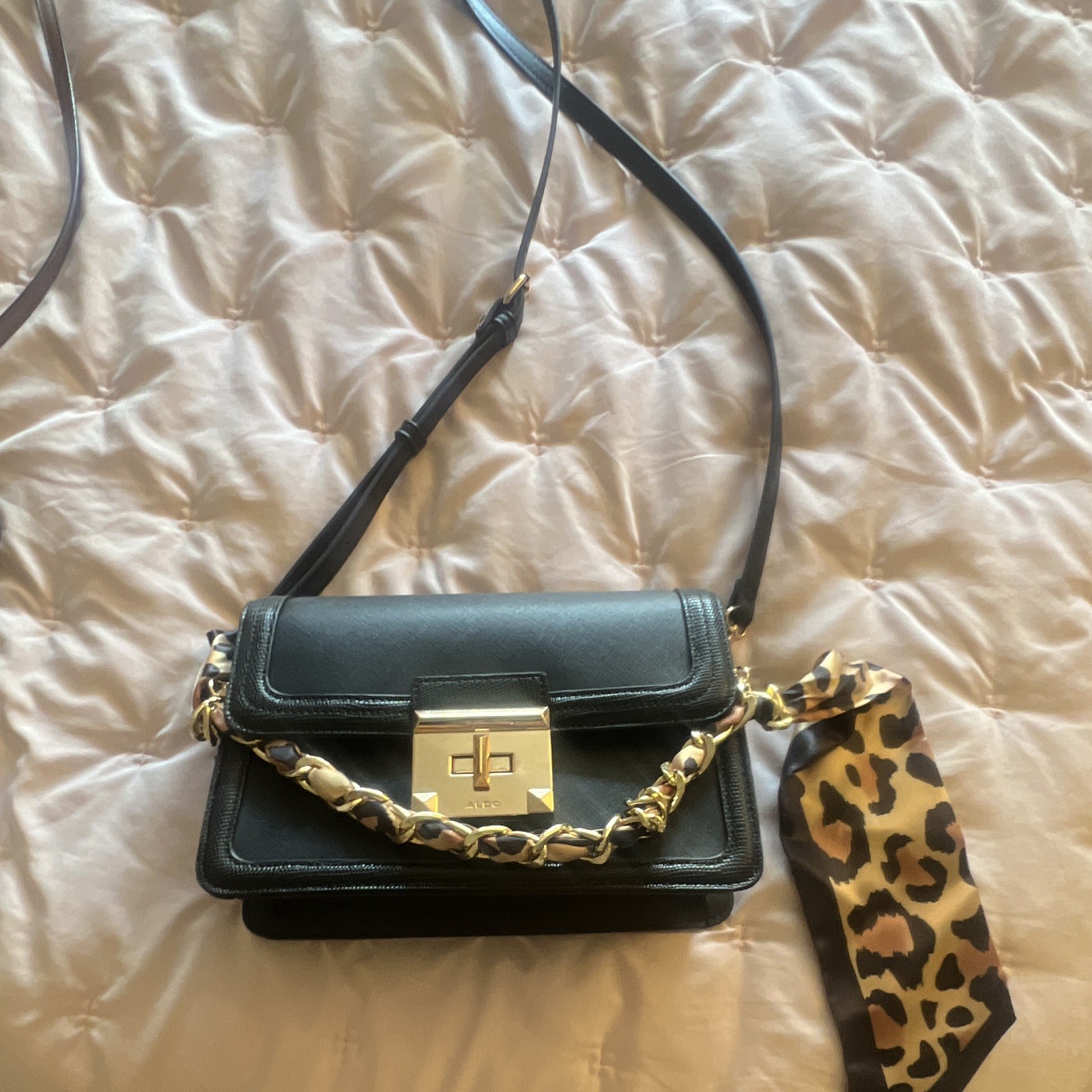 ALDO Black Crossbody Bag Turn Lock Gold Hardware Chain Strap Scarf Accent