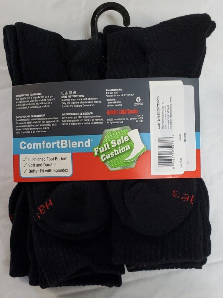 Hanes Men’s Crew Socks 6 Pair Comfort Blend Fresh IQ Full Sole Cushion Size 6-12