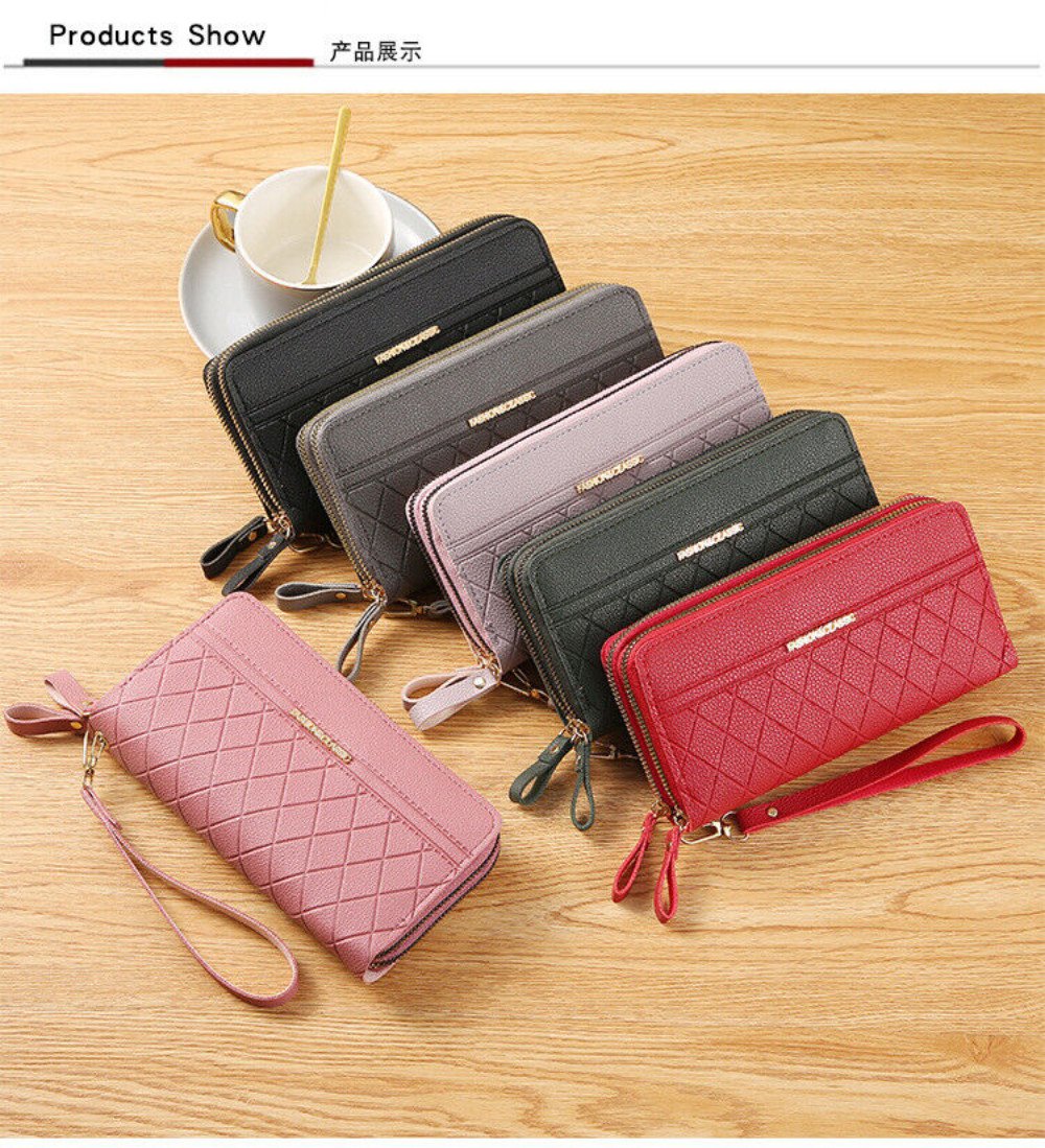 Women‘s Large Capacity Leather Wristlet Clutch Wallet Long Cell Phone Bag Zipper