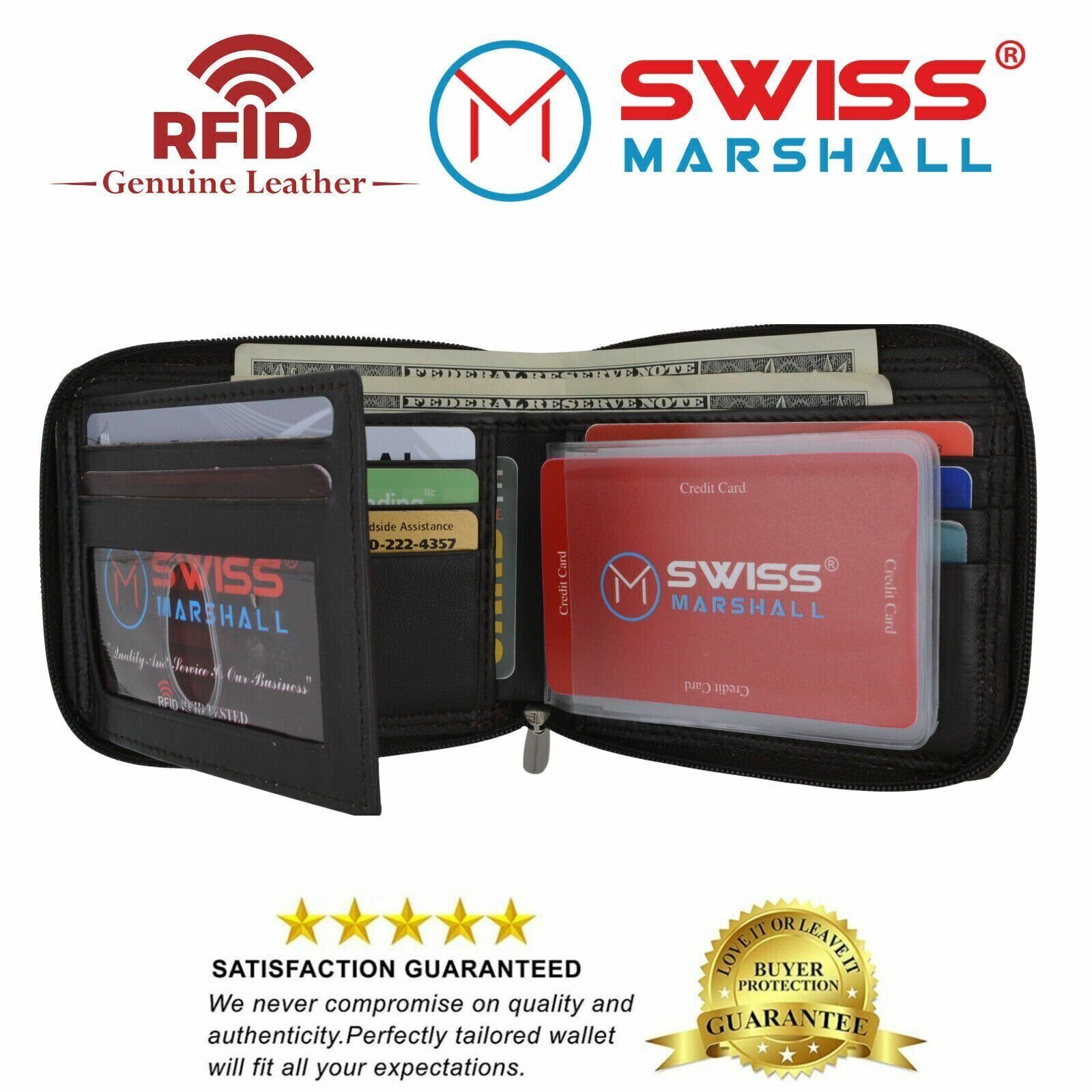 Men’s Zipper RFID Blocking Premium Leather Zip-Around ID Bifold Wallet