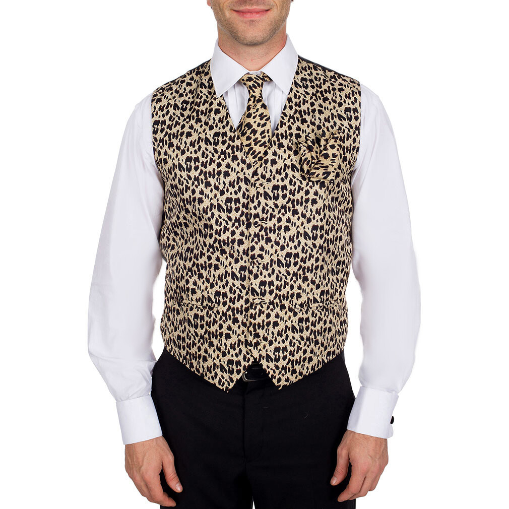Men’s Leopard Animal Print Tuxedo Vest Tie Hanky Set Proms Fashion Waistcoat