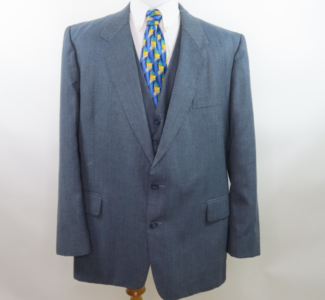 Vintage Three-Piece Mens Suit Gray Striped Wool Witty Brothers 43×28 48/50 R