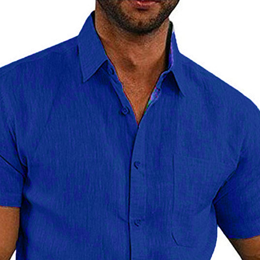 Mens Solid Short Sleeve Button Turn Down Collar Casual Blouse Casual T-shirt Top