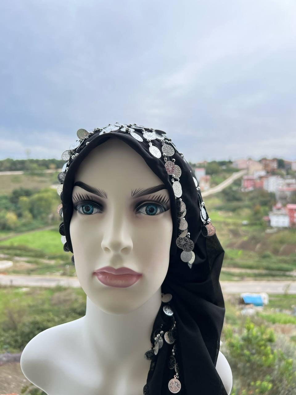 Hand Knitted Black Scarf Crochet Shawl with Silver Charms Handmade Unique