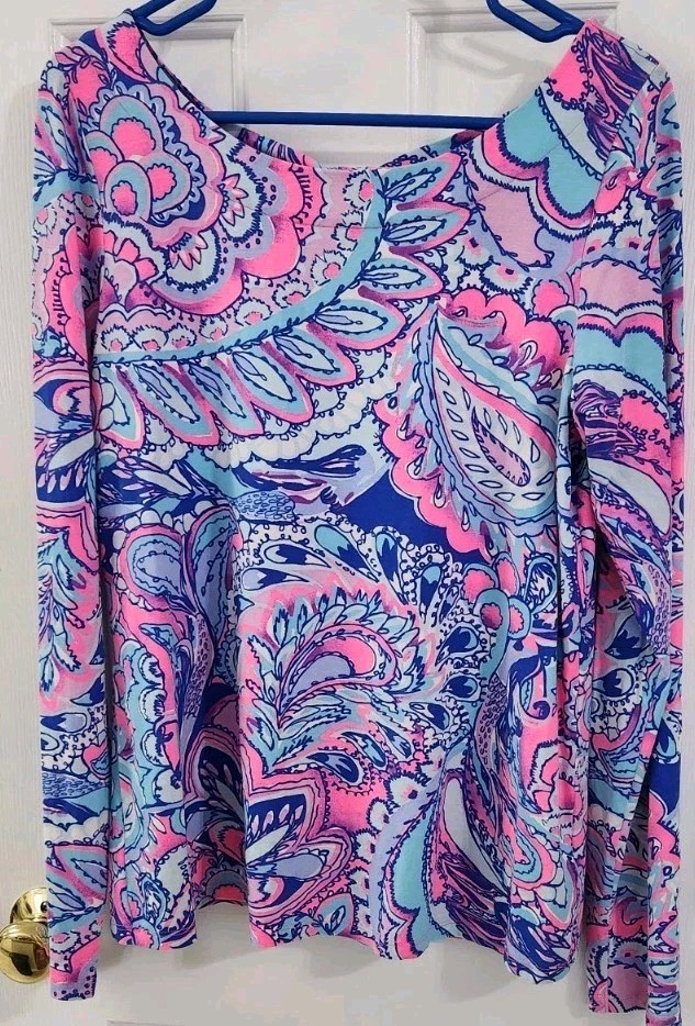 Women’s Sz L Lilly Pulitzer Bright Tropical Paisley Long Sleeve Top Stretch