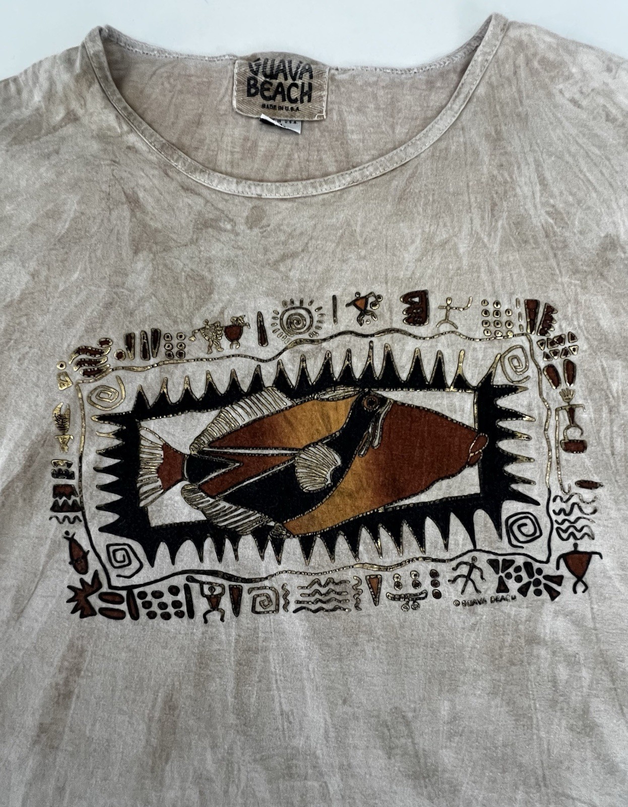 Vintage Guava Beach XL Brown Marbled Fish Graphic Beige Tee Single Stitch USA