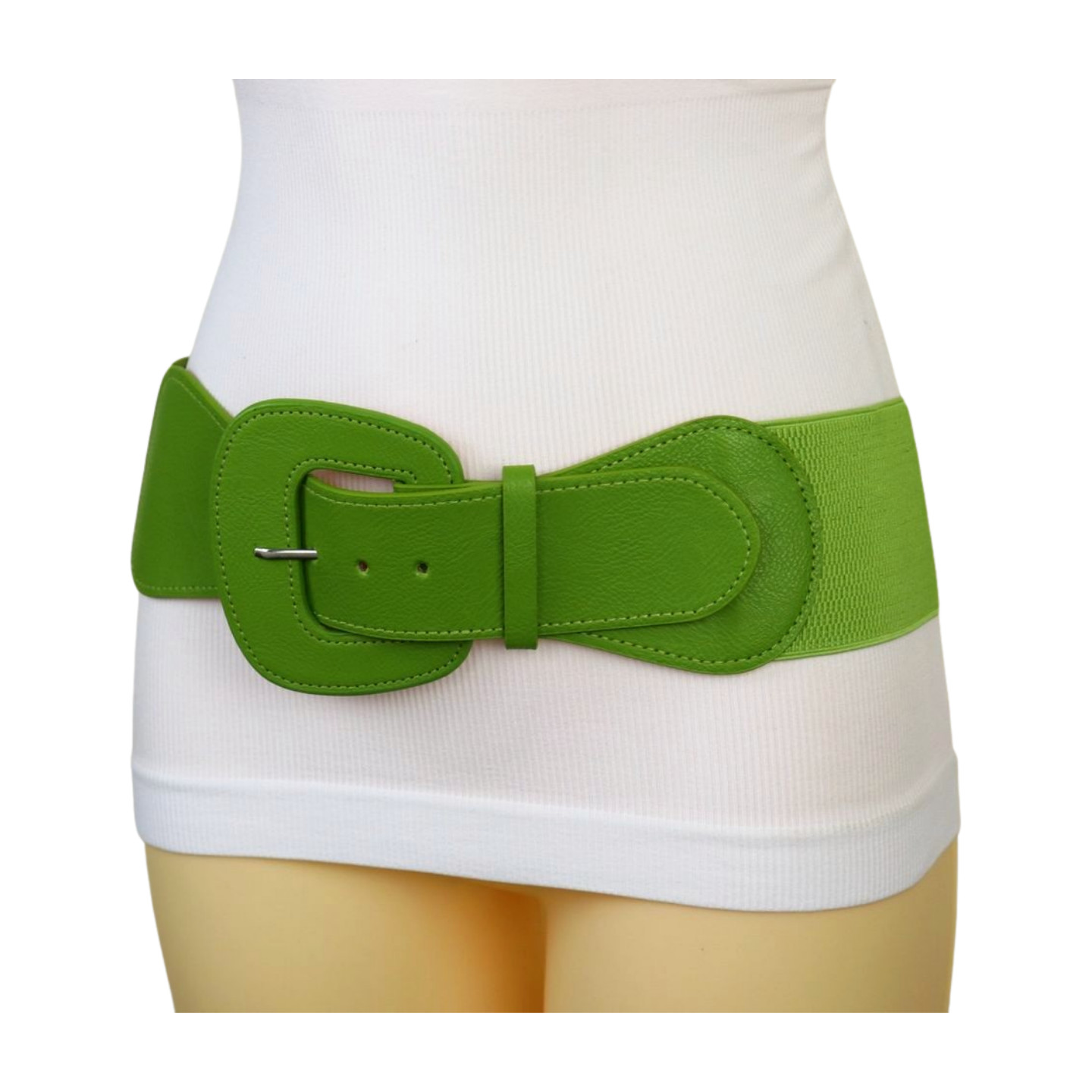 Women Olive Green Elastic Waistband Wide Popular Fun Fashion Belt Big Buckle S M