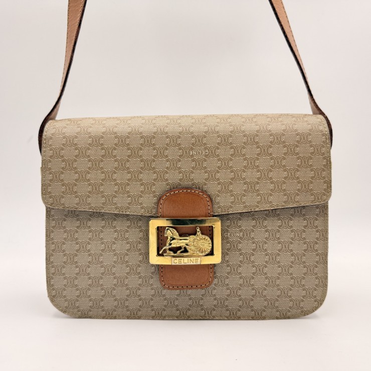 CELINE Vintage Macadam Shoulder Bag in Beige PVC and Leather with Gold-Tone …