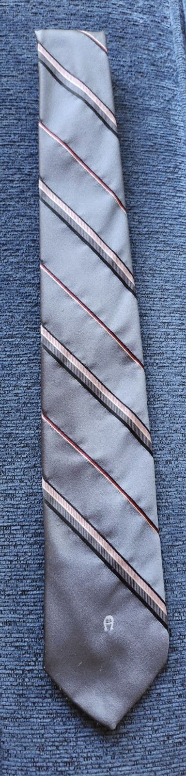 Men’s Woven Polyester Striped Tie, Gray White Black Red, Logo Initial R