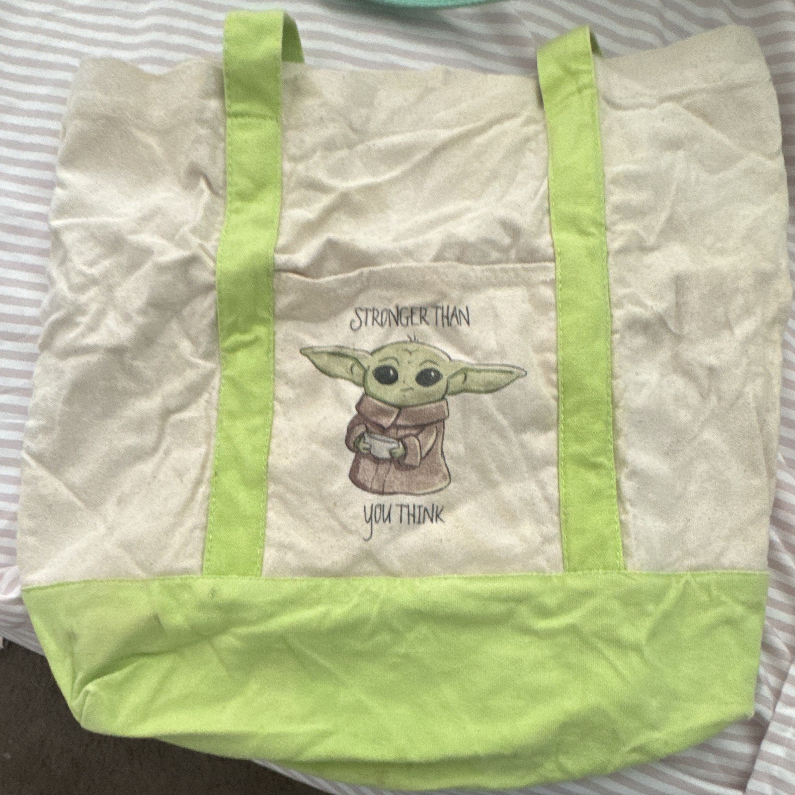 Grogu Baby Yoda Beige/Green Tote Bag Graphic Print Embroidered Double Handles