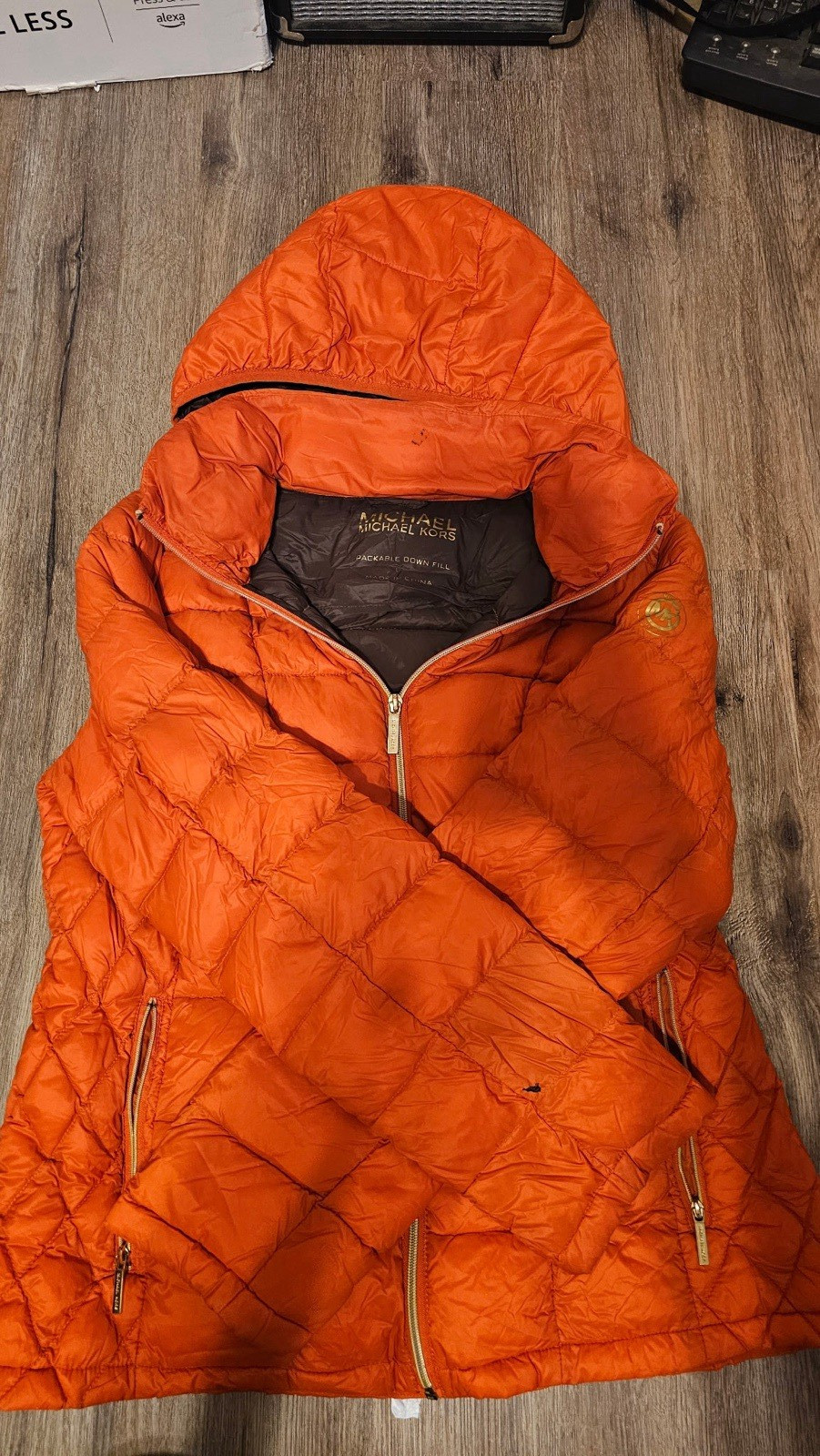 MICHAEL Michael Kors Women’s Orange Packable Down Hooded Zip Puffer Jacket L