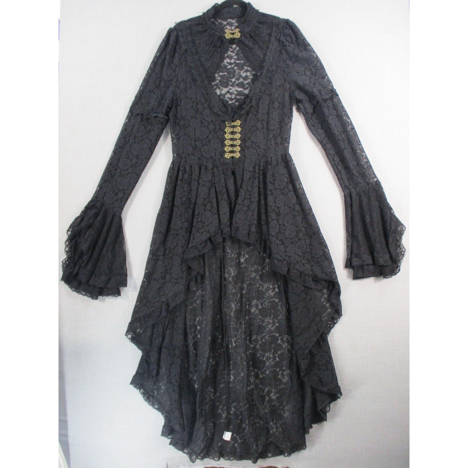 Gothic Black Lace High Low Dress Bell Sleeve Victorian Steampunk Dress Top