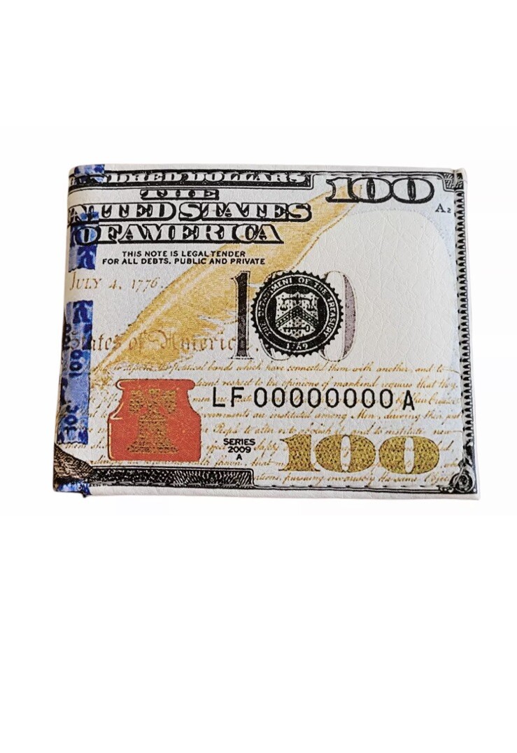 New $100 Dollar Bill Print Leather Wallet Leather Printed Bifold Novelty Wallet