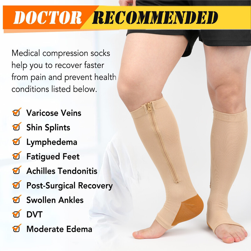 Zipper Compression Socks Stockings Women Men Knee High Socks 20-30 mmHG Open