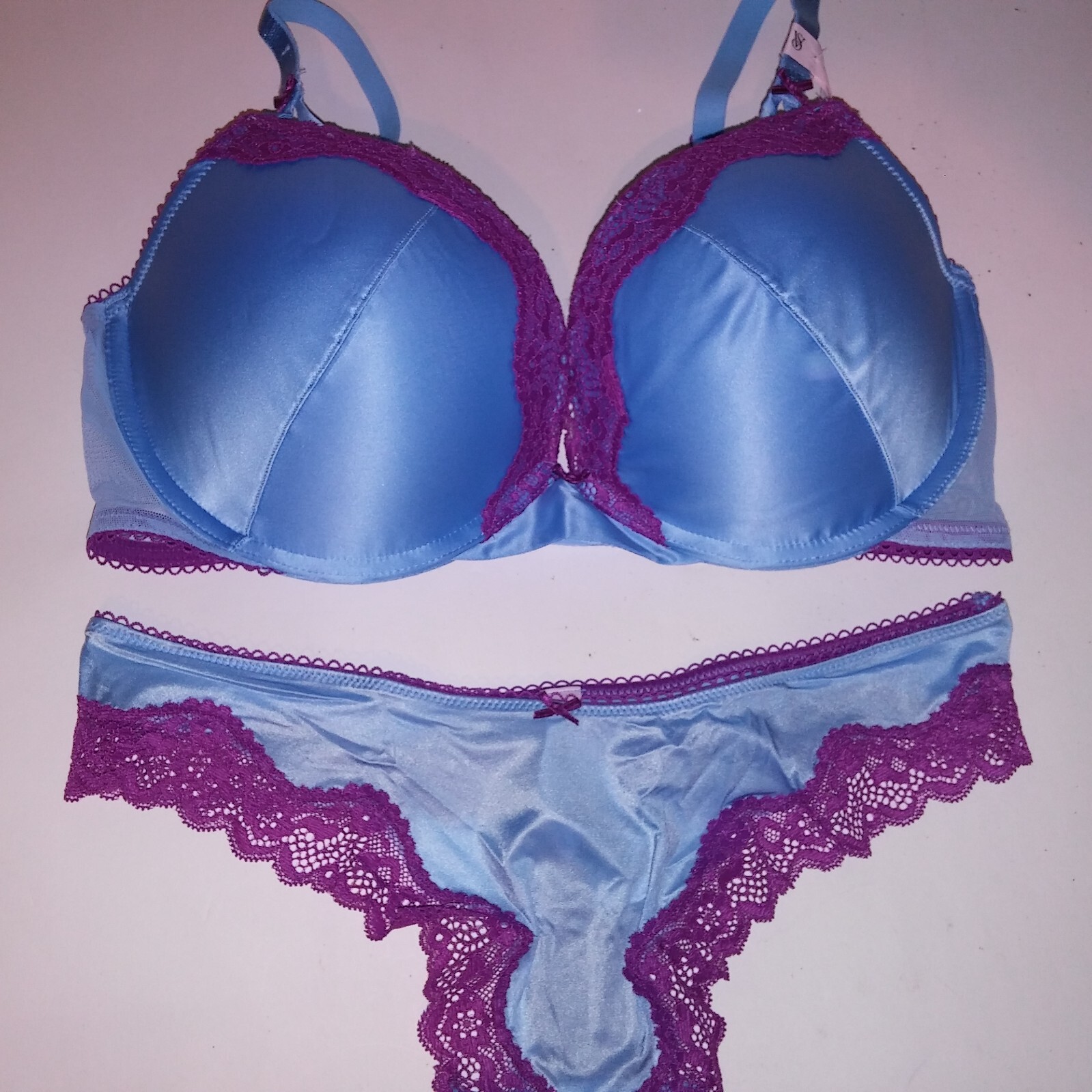 Victoria Secret Bra Set Push Up Thong Panty Blue Purple Tease Lace Trim Underwir