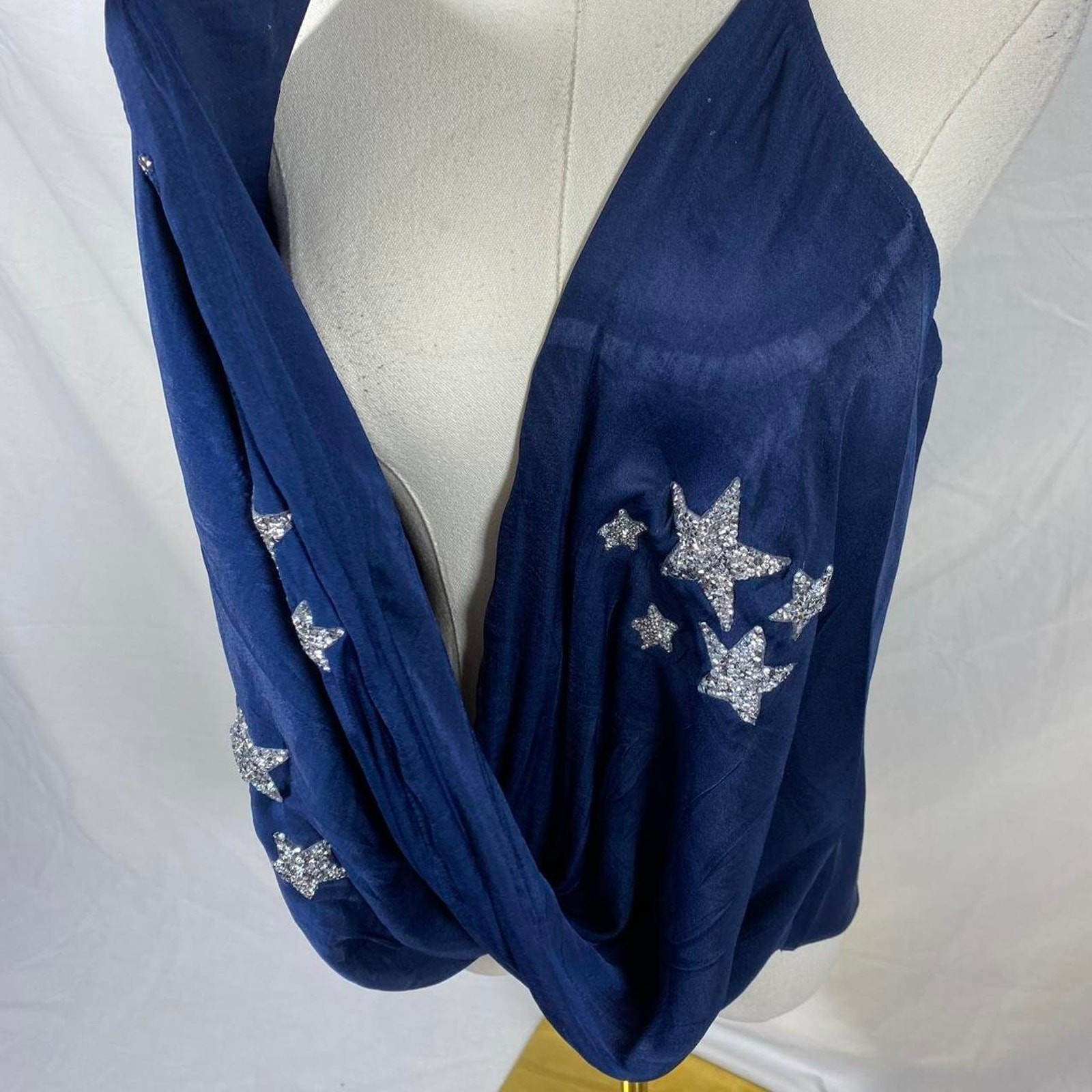 Judith March navy blue plunge halter top silver star embellishments size large
