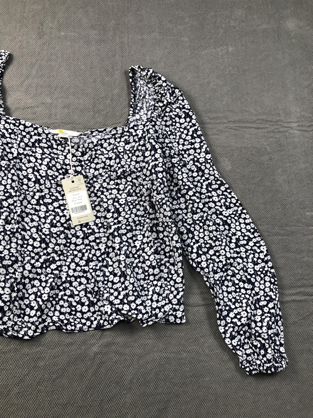 Boden Blouse Womens 10 Blue Square Neck Long Puff Sleeve Floral Cropped NWT