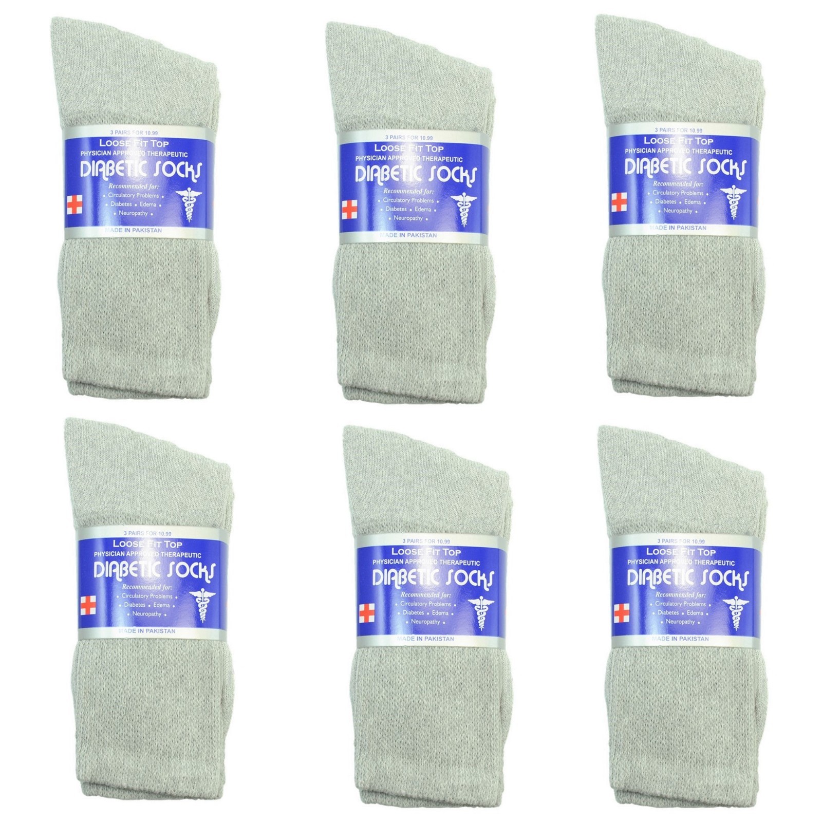 New Diabetic Crew Socks Circulatory Health Cotton Loose Fit Top 6 Pairs
