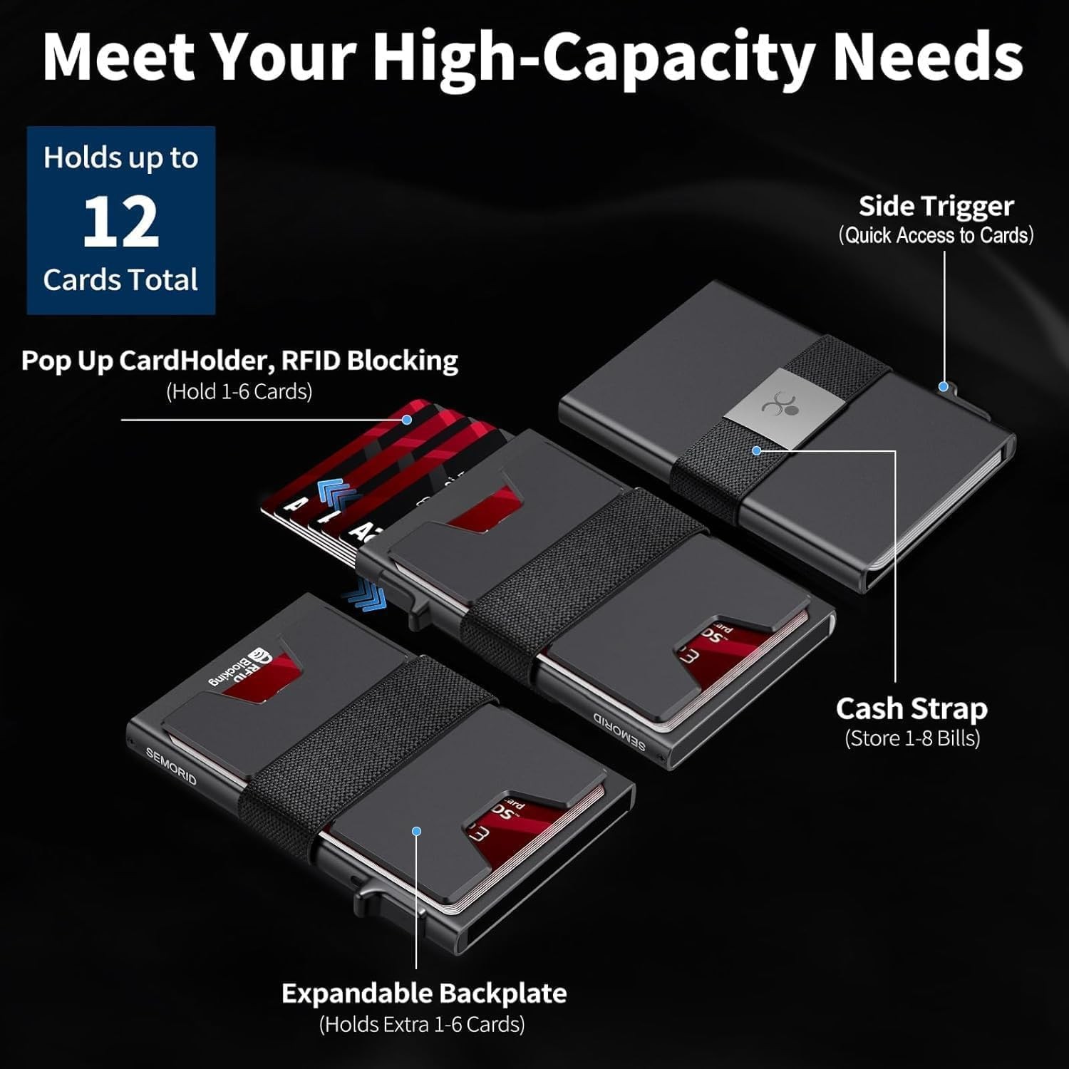 SEMORID Slim Aluminum RFID Metal Pop Up Wallet Black NEW