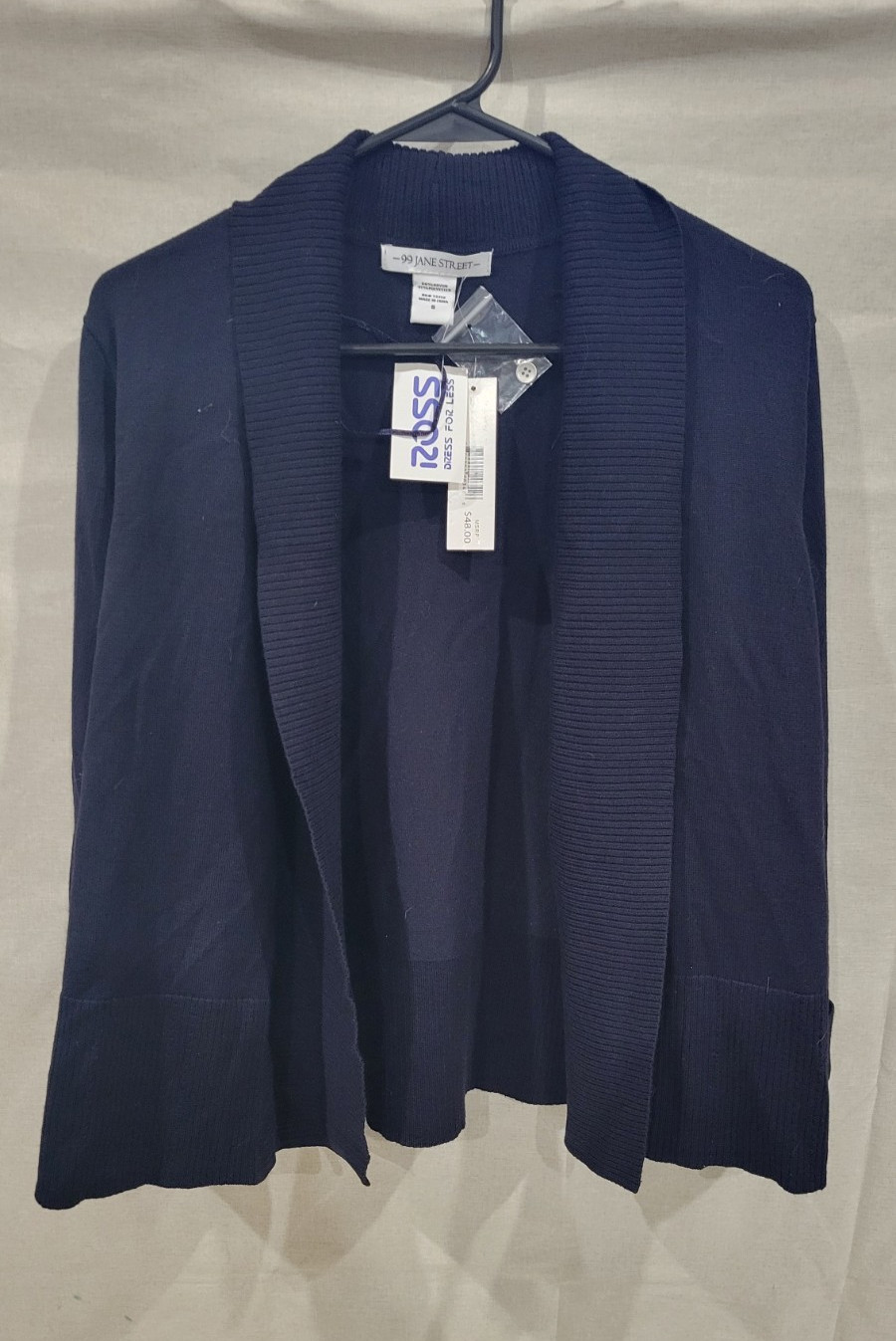 99 Jane Street Navy Ribbed Knit Shawl Collar Open Cardigan Sweater S Rayon