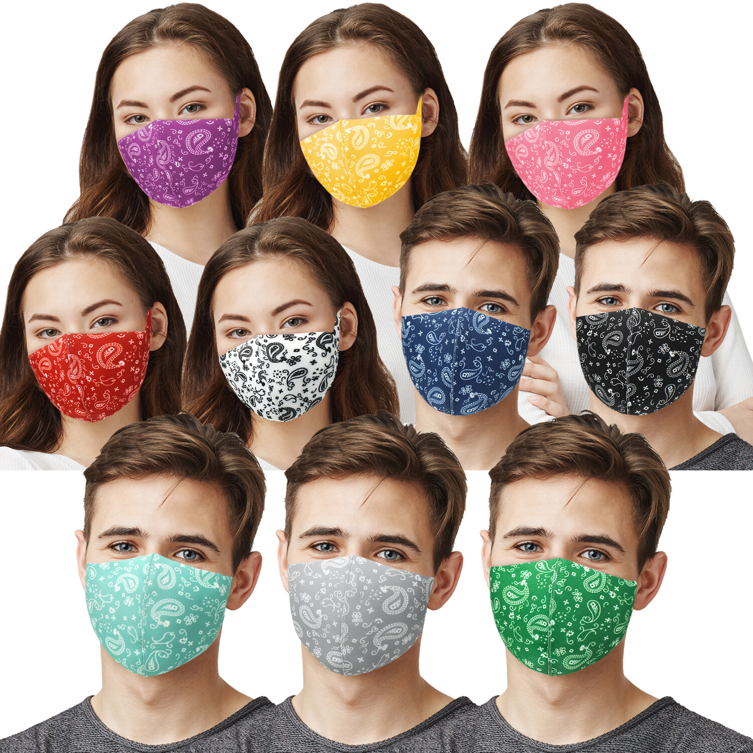 Unisex Reusable Washable Breathable Fashion Paisley 10 PACK Face Masks 10 Colors