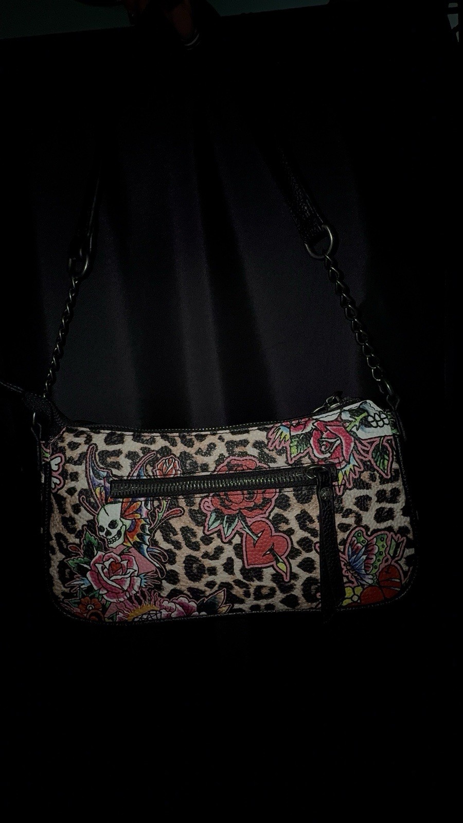 Women’s Small Leopard Print Floral Heart Shoulder Bag, Zip, Detachable Strap