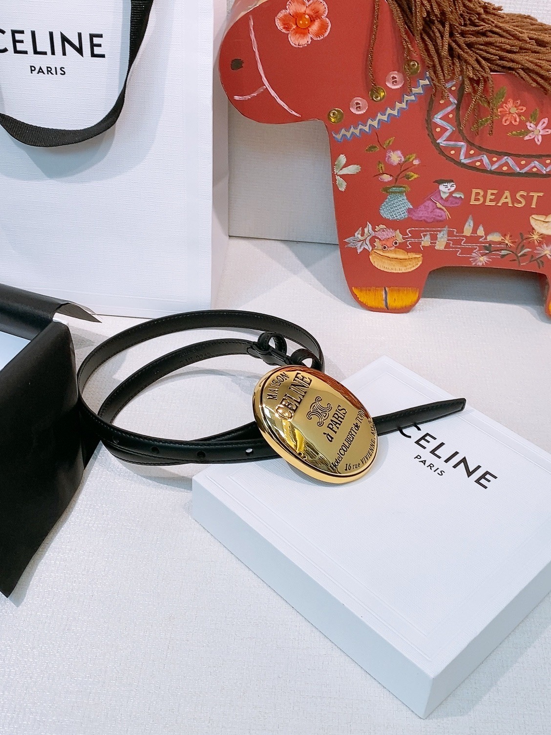 Celine Triomphe Women’s Black Leather Belt with gold buckle