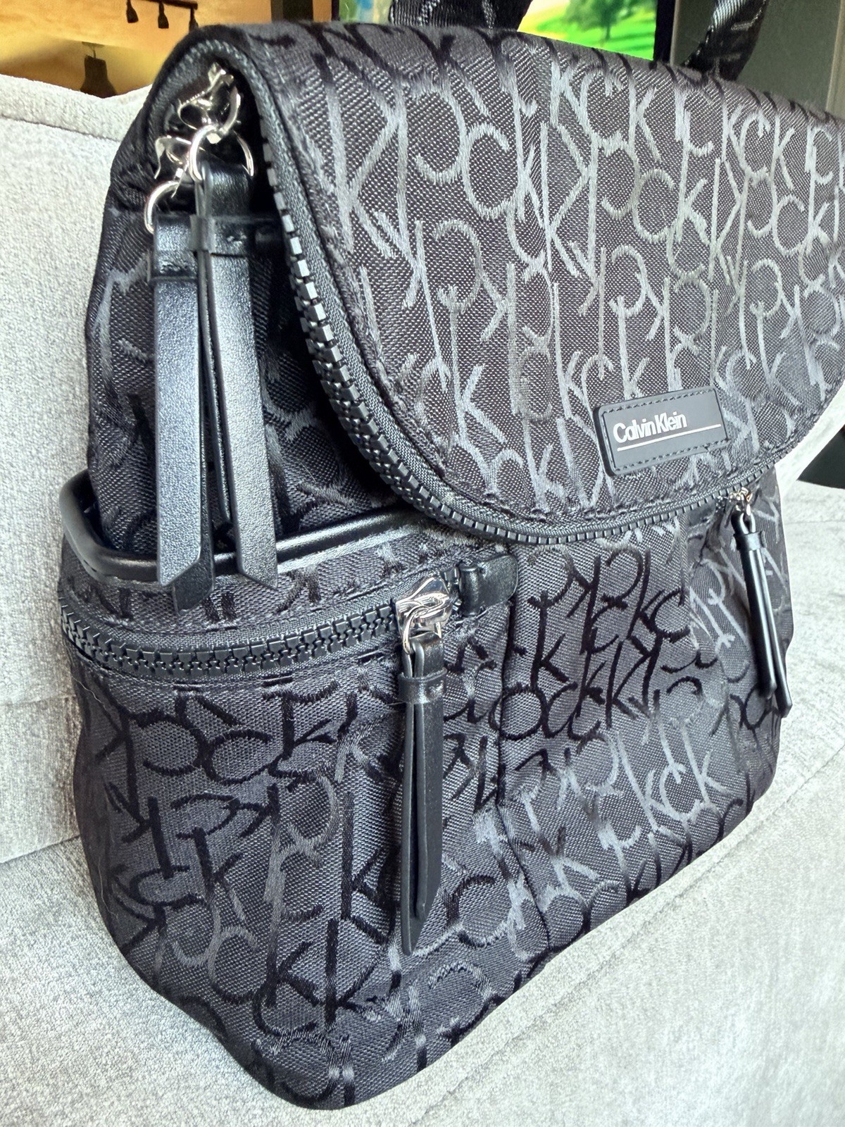 Calvin Klein Black/Gray Logo Backpack Top Handle Zip & Magnetic Closure Pockets