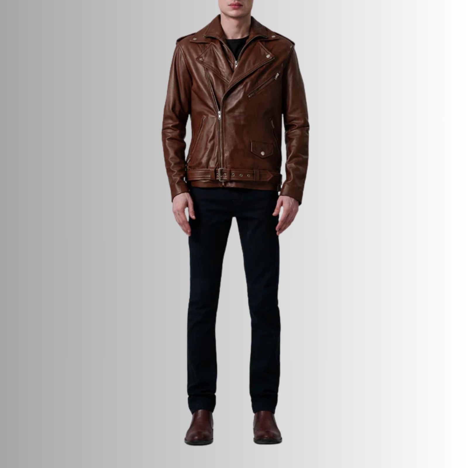 Men Brown Genuine Leather Biker Jacket Slim Fit Moto Zip Up Belted Coat