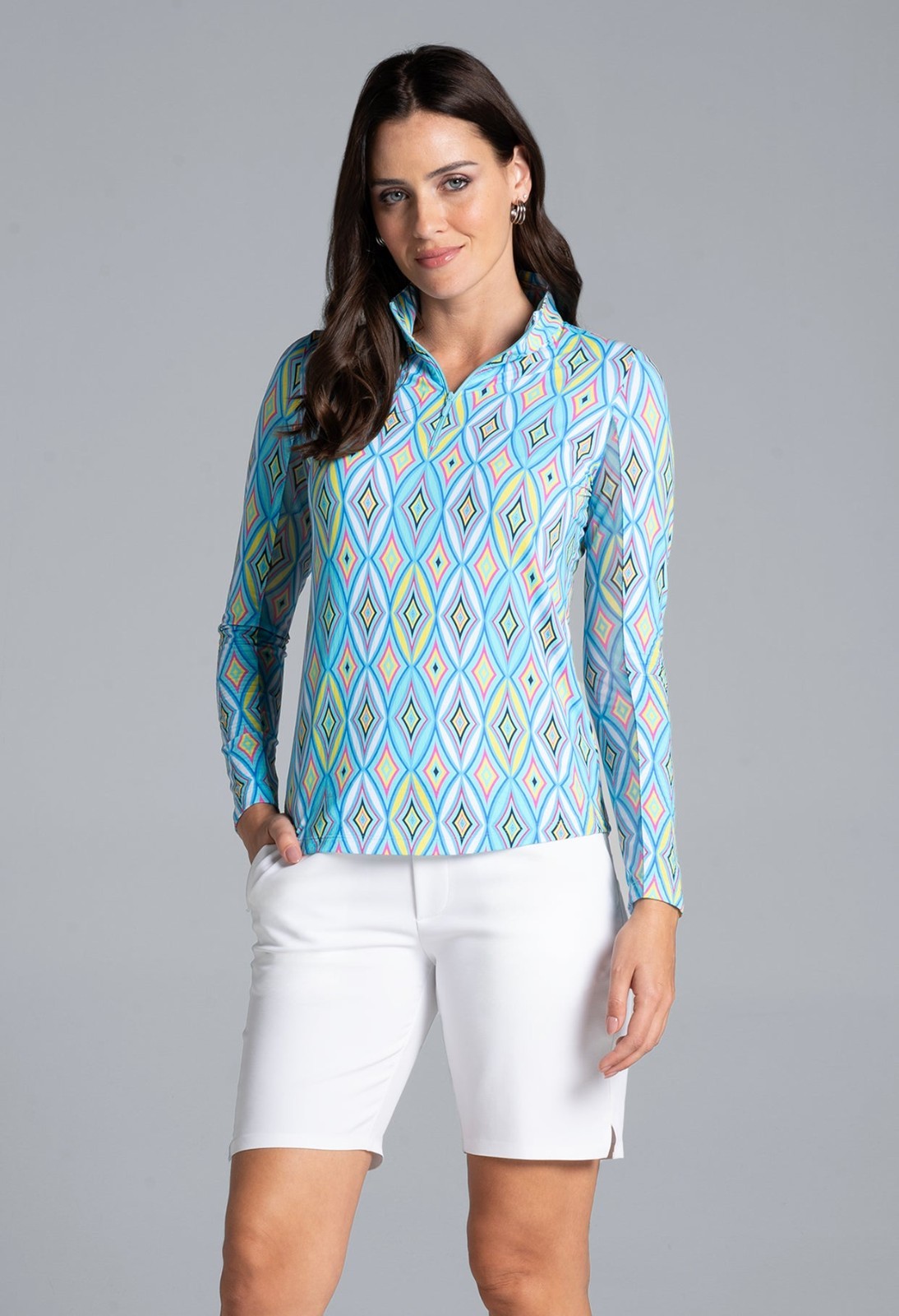 $101 IBKUL Women’s Romina Print Long Sleeve Mock Neck Top-Seafoam-Medium-New Tag