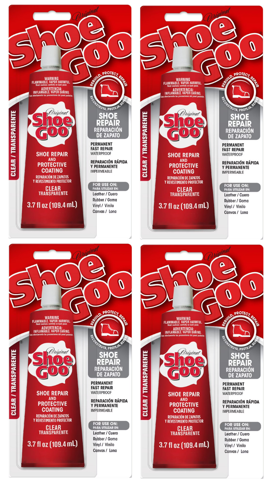(4 Pack) Eclectic Shoe Goo Adhesive Glue, Shoe Repair, Clear, 110010, 3.7 fl. oz