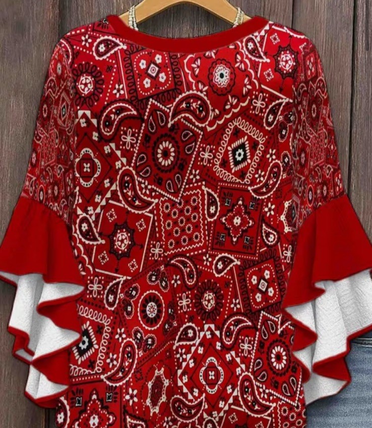 2XL Red Paisley Bohemian Tunic Blouse with Ruffle Bell Long Sleeves for Women