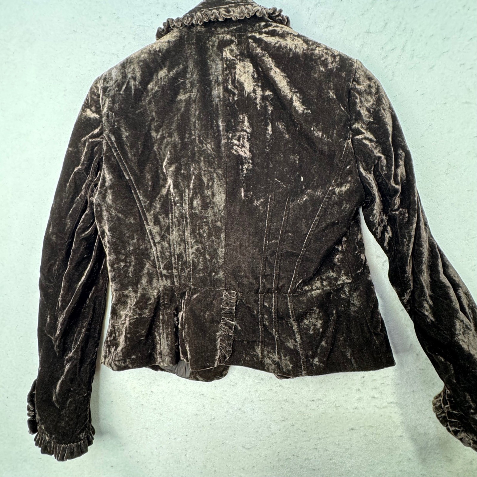 INC Velvet Blazer Womens Medium Brown Ruffle Trim Victorian Goth Jacket