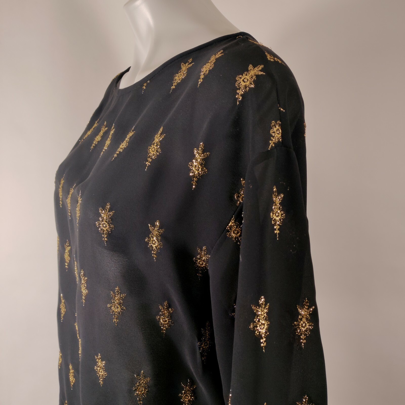 ABS Allen Schwartz Collection Black Blouse Top Gold Embellishments Sz M – Stains
