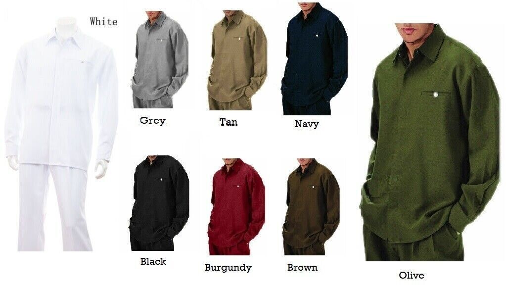 Men’s 2pc Walking Suit Long Sleeve Casual Shirt & Pants Set Solid 8 Colors 2612