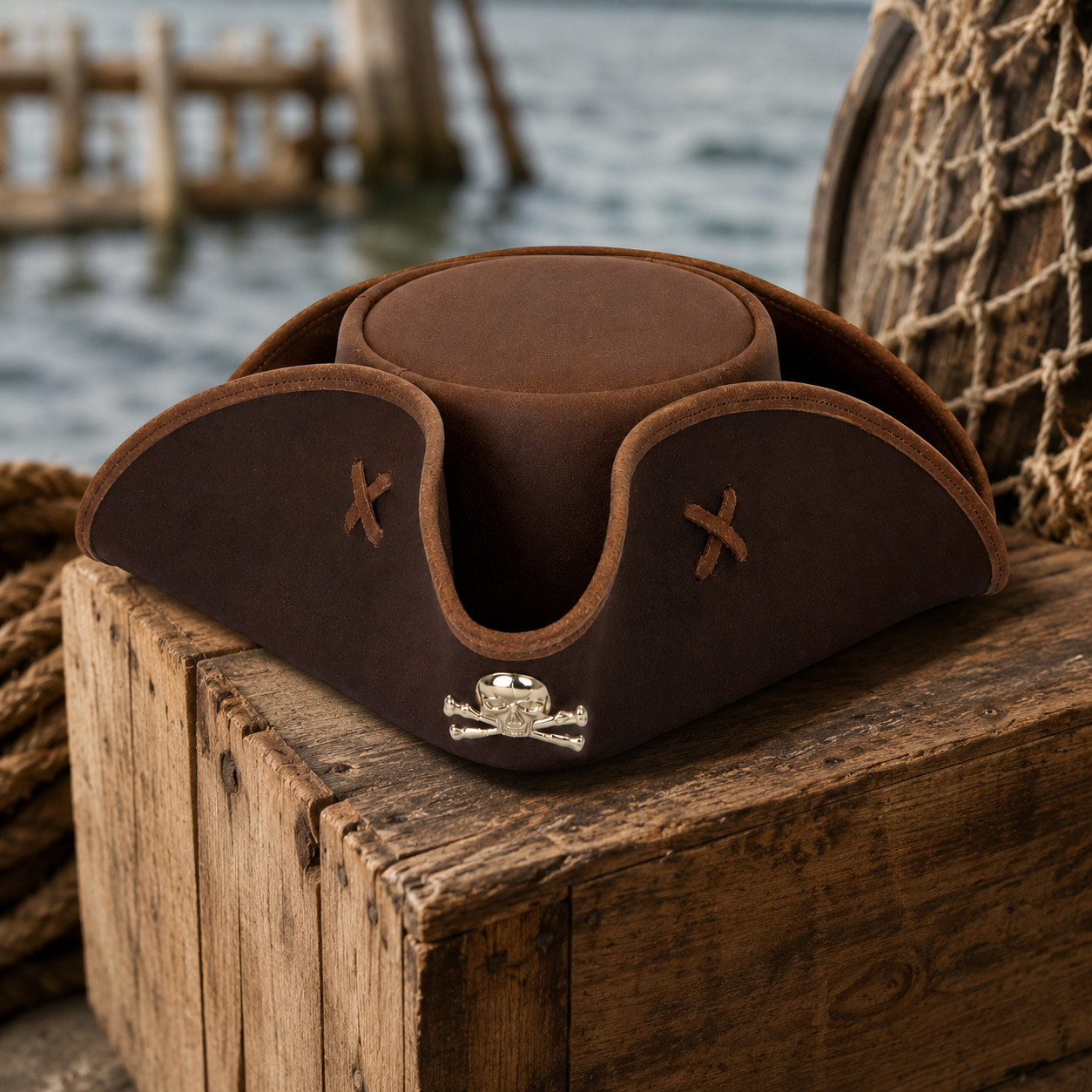 Brown Faux Leather Tricorn Pirate Hat Cross Stitch Handmade Costume LARP