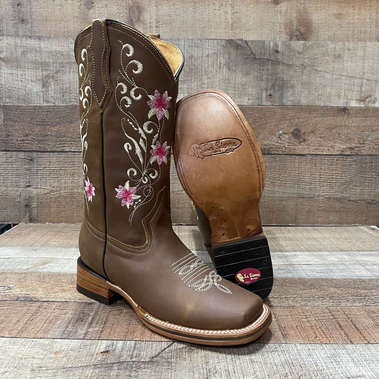 Women’s Western Rodeo Square Toe Cowgirl Boots Pink Flowers Nobuck Flor Rosa 804