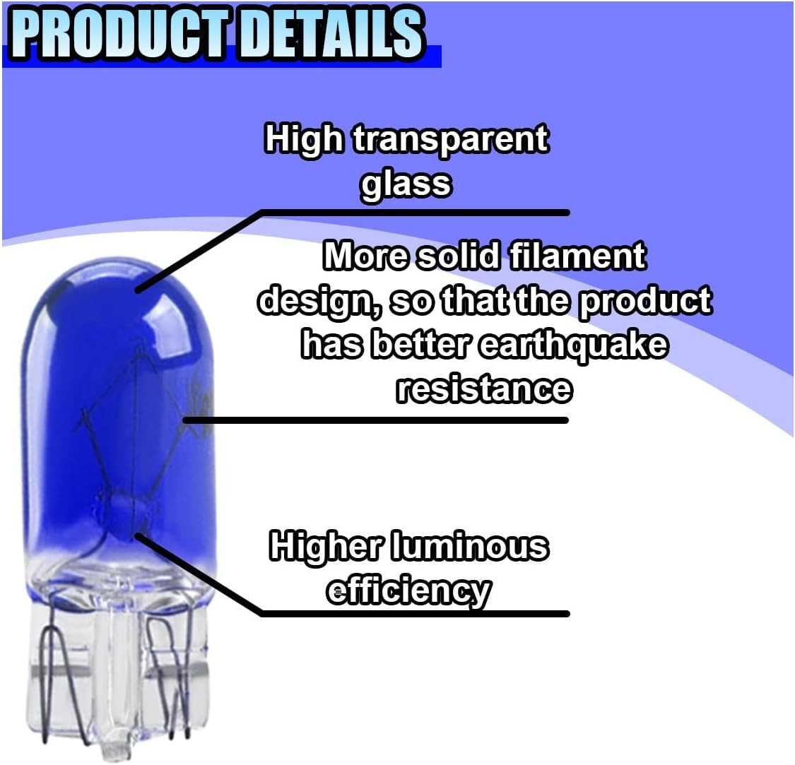 10PCS T10 12V 5W Flat Foot Halogen Bulbs for Car Brake, Width Indi Color: Blue