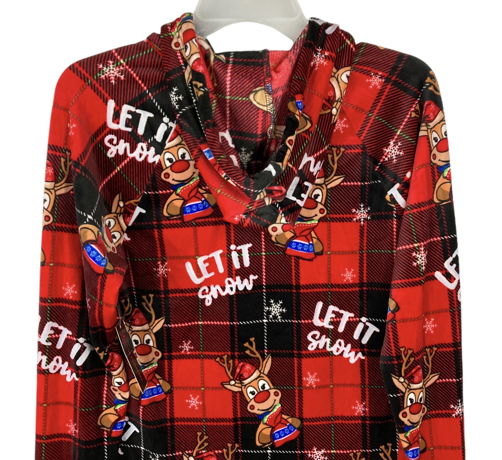 No Boundaries Jr. Girls Oh Reindeer Plush Hooded Pullover Rudolph Buffalo Plaid