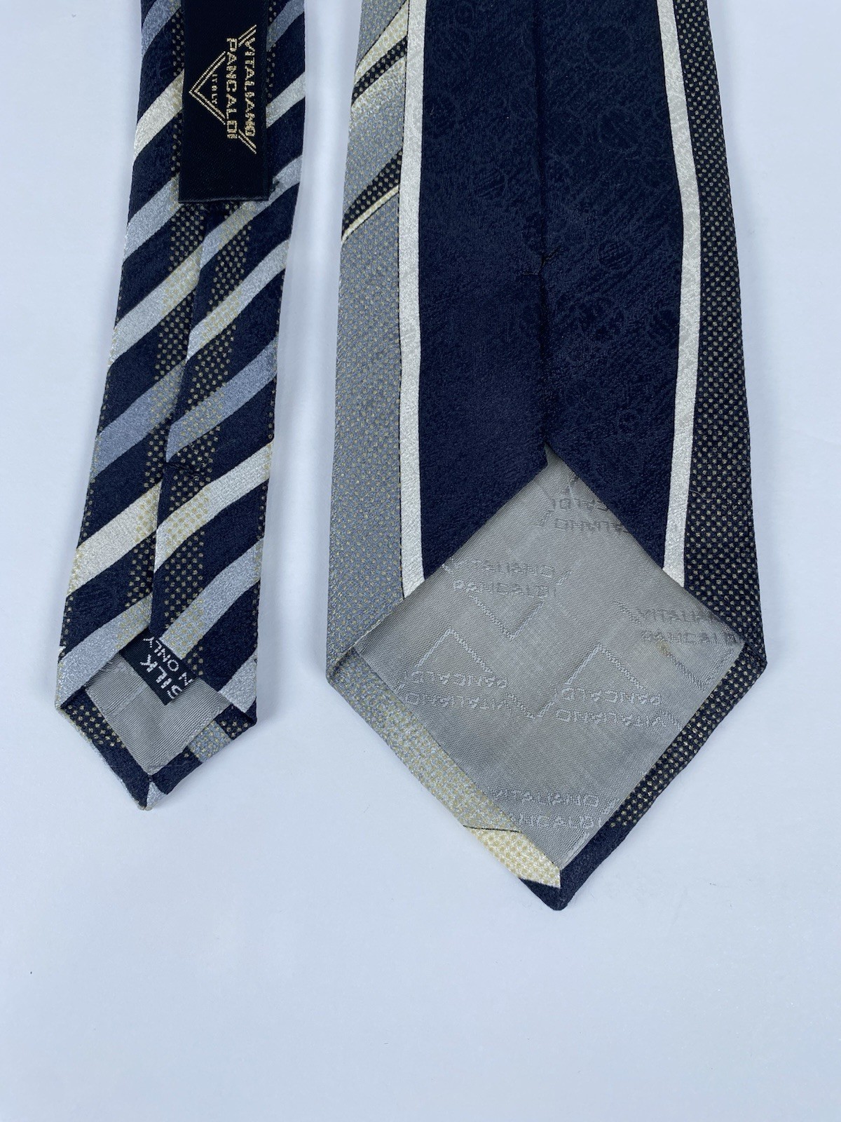 Vtg Vitaliano PANCALDI Silk Tie Italy XL 62″ Wide 4.8″ Abstract Silver Blue Gold