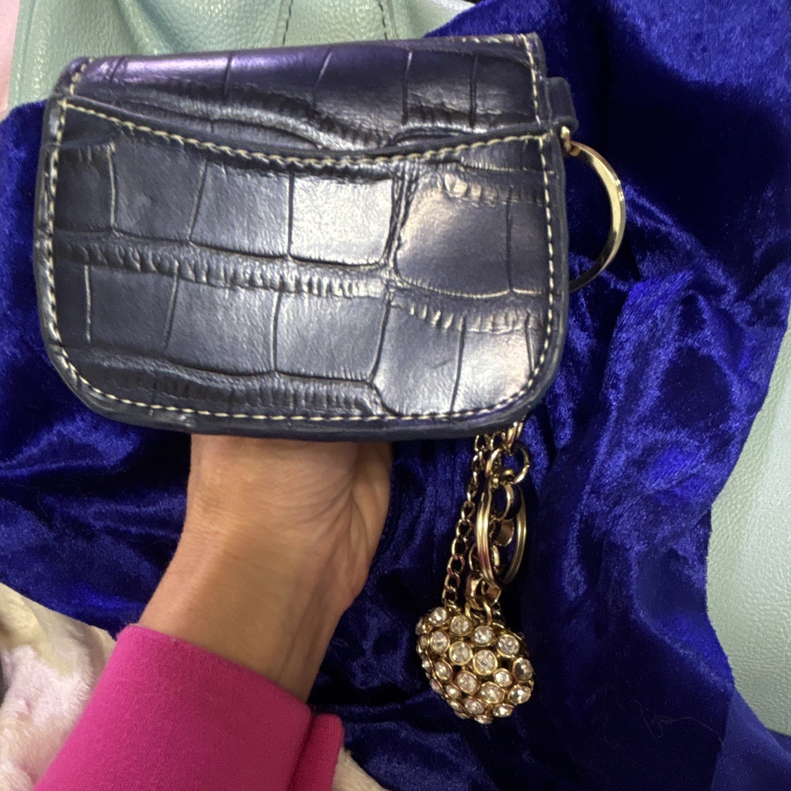 Kathy Van Zeeland Blue/Gold Croc Key Chain Heart Charm Rhinestone Studded