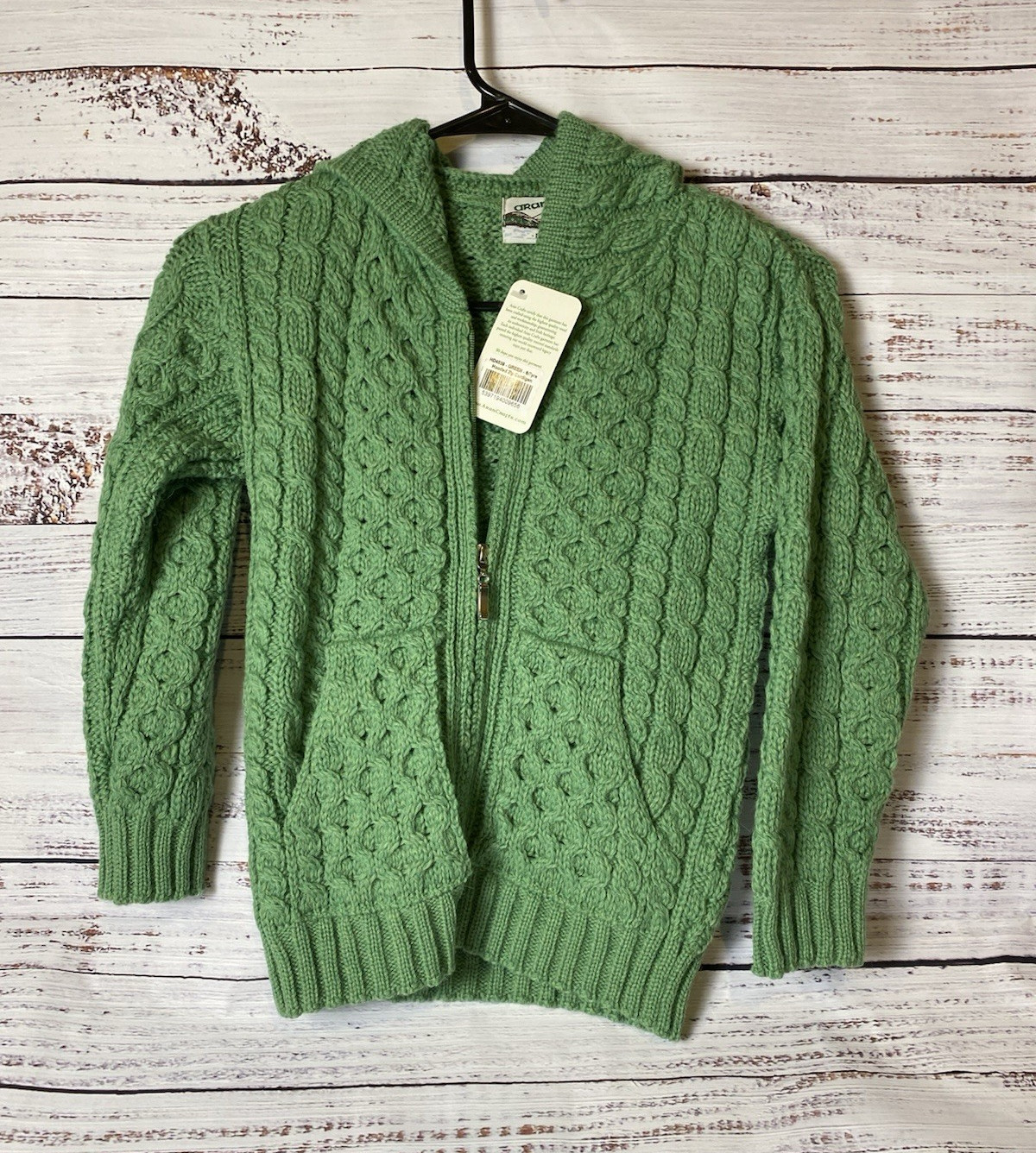 Aran Crafts Womens M Green Wool Cable-Knit Full Zip Collared Cardigan Sweater