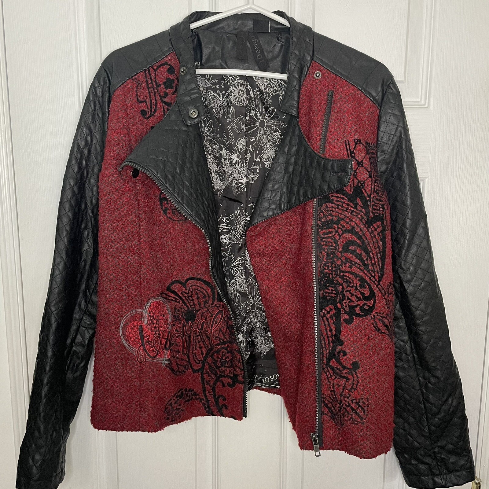 Desigual Wool Blend and Vegan Leather Black and Red Moto Jacket 42