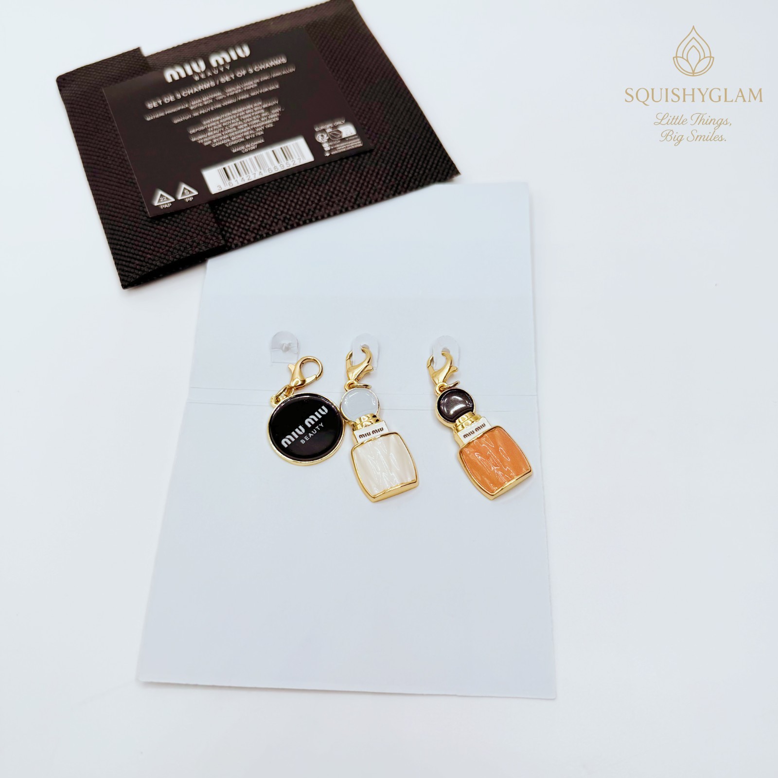 Miu Miu Beauty Exclusive Charm Kit Set of 3 New 2-3cm Gold Charms with Pouch