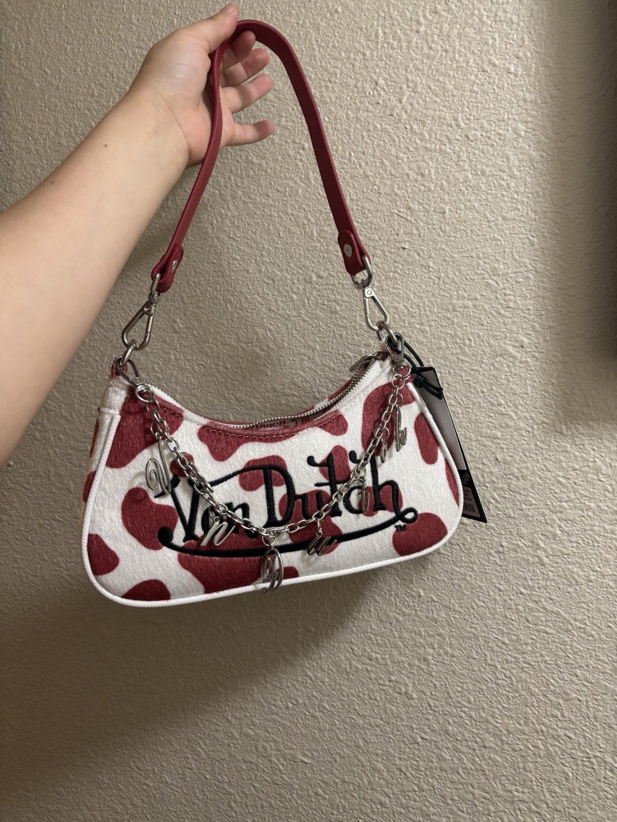 Von Dutch Small Cow Print Shoulder Bag Zip Closure Chain Strap Charm Pockets