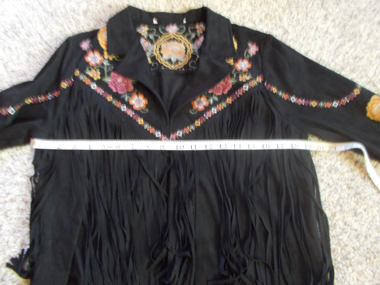 Savanna Jane Faux Suede Black Embroidered Jacket Fringe Flowers sz S M
