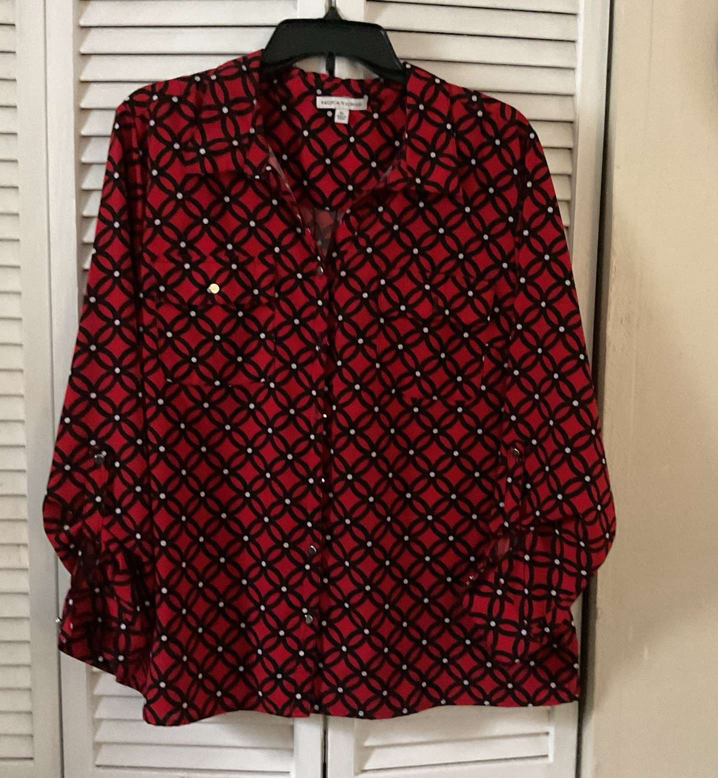 Kasper Blouse Maternity XL Red/Black Geometric V-Neck Long Sleeve Button Front